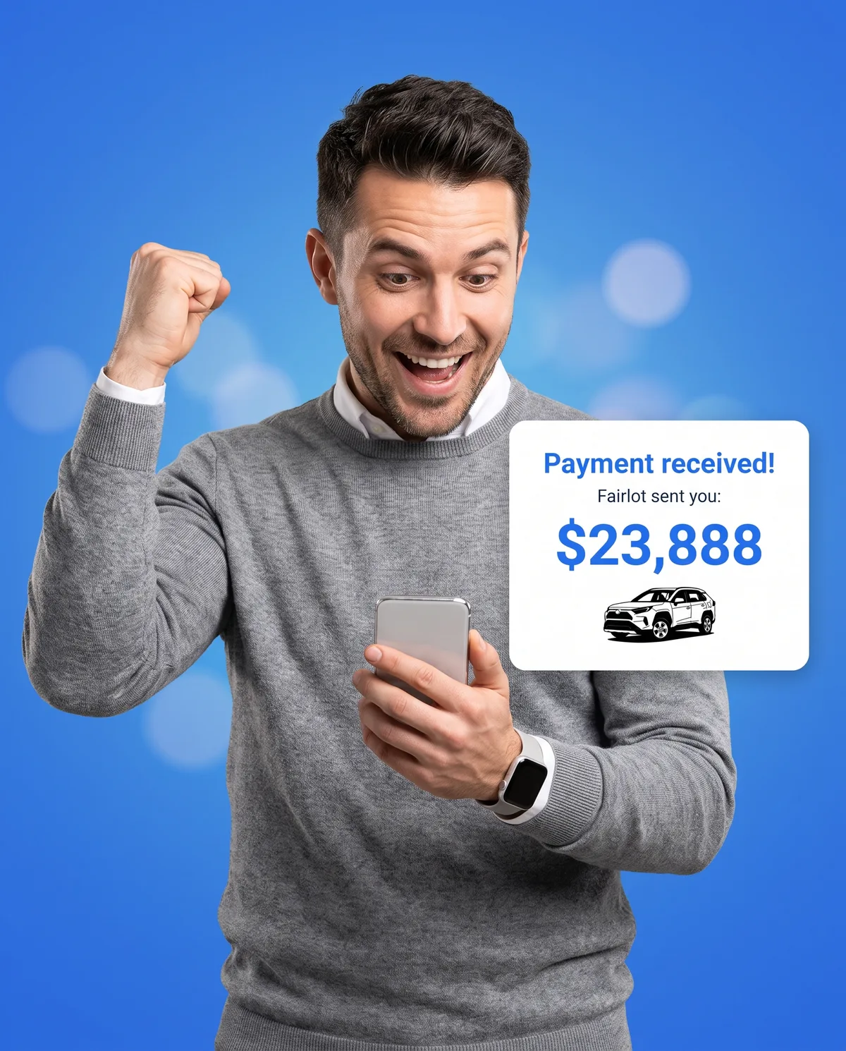 A seller celebrating a Fairlot payment received on his phone